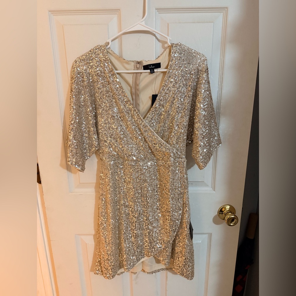 Lulu's Weekender Champagne Sequin Faux Wrap Mini Dress